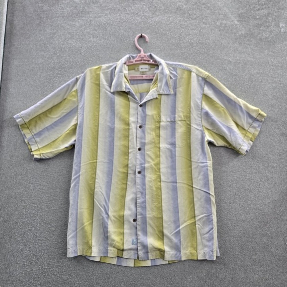 Tommy Bahama Men Button Up Shirt XL Yellow Silk‎ Striped Casual Short